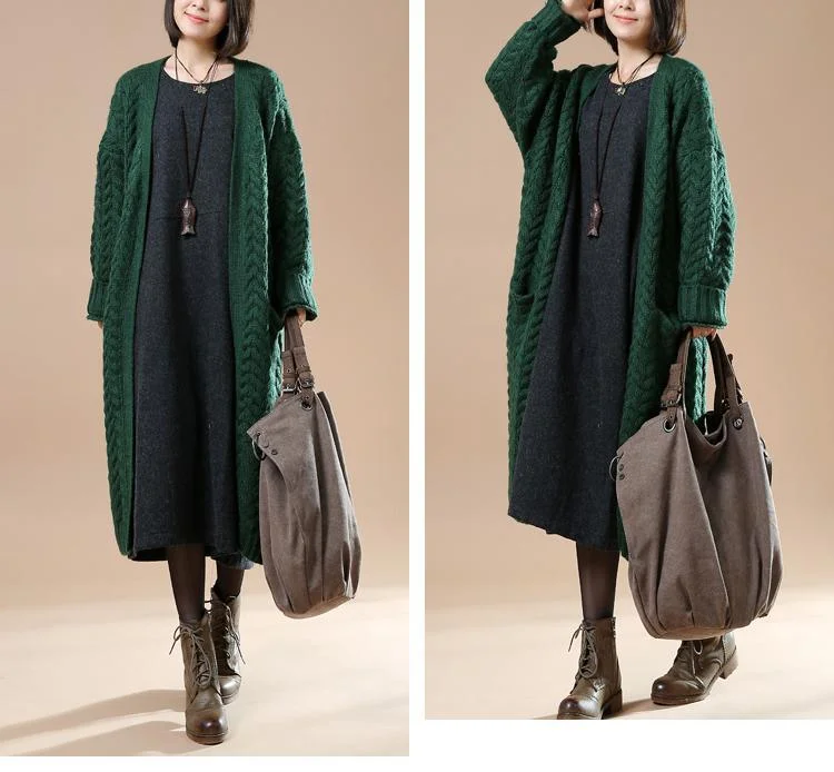 Cable knit sweaters long oversize cardigans blackish green