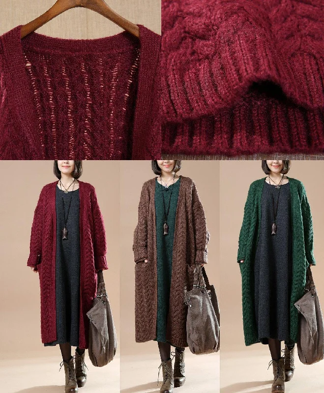 Cable knit sweaters long oversize cardigans blackish green