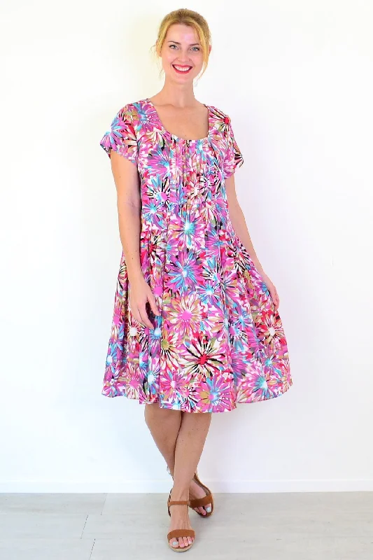 Colourful Flowers Print Peasant Tunic Dress