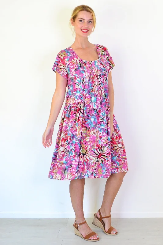 Colourful Flowers Print Peasant Tunic Dress