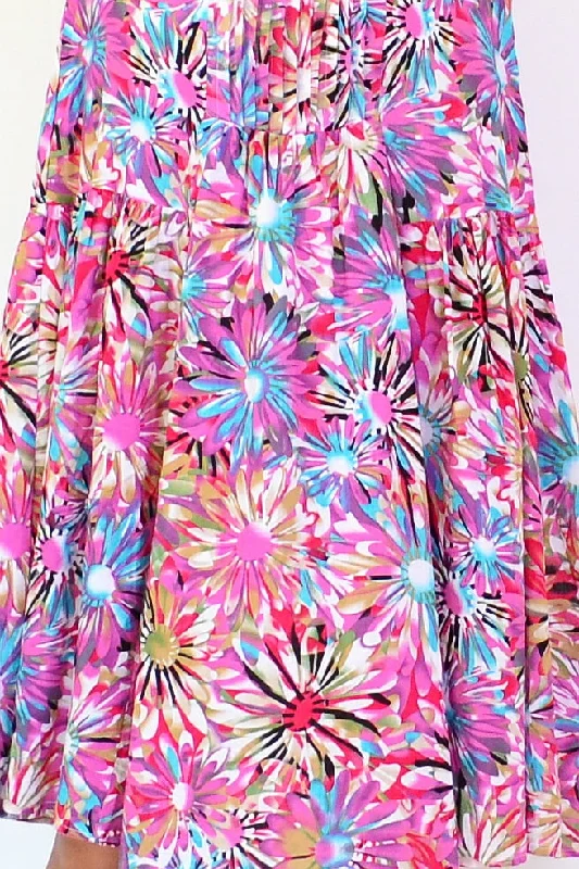 Colourful Flowers Print Peasant Tunic Dress