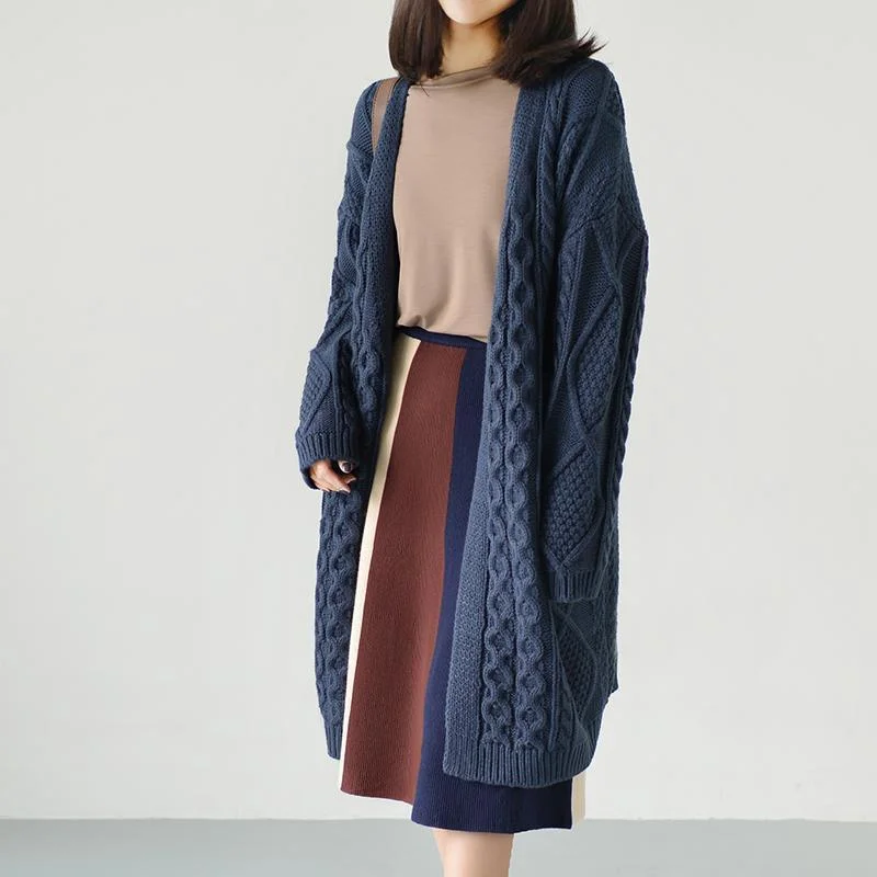 Dull blue cable knit cardigans plus size sweaters knitted coats