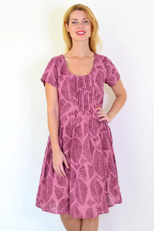 Dusty Pink Leaf Print Peasant Tunic Dress