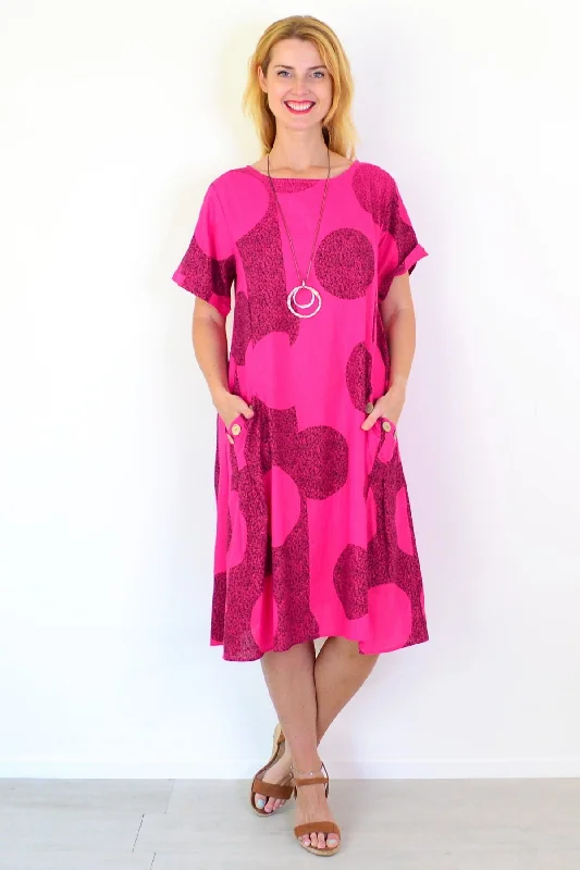 Hot Pink Black Circle Cotton Linen Tunic Dress