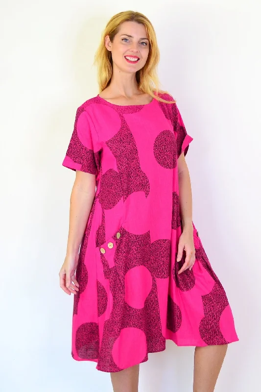 Hot Pink Black Circle Cotton Linen Tunic Dress