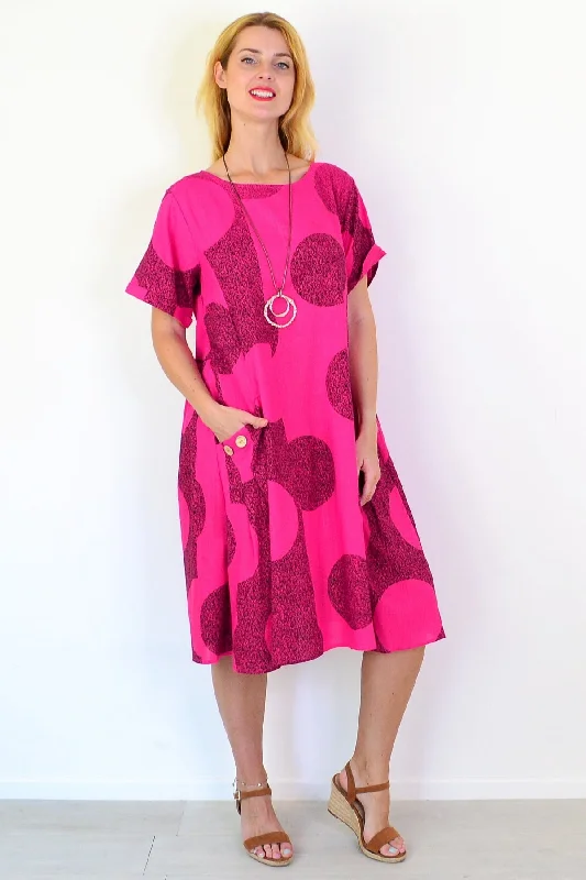 Hot Pink Black Circle Cotton Linen Tunic Dress