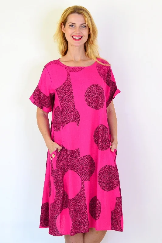 Hot Pink Black Circle Cotton Linen Tunic Dress