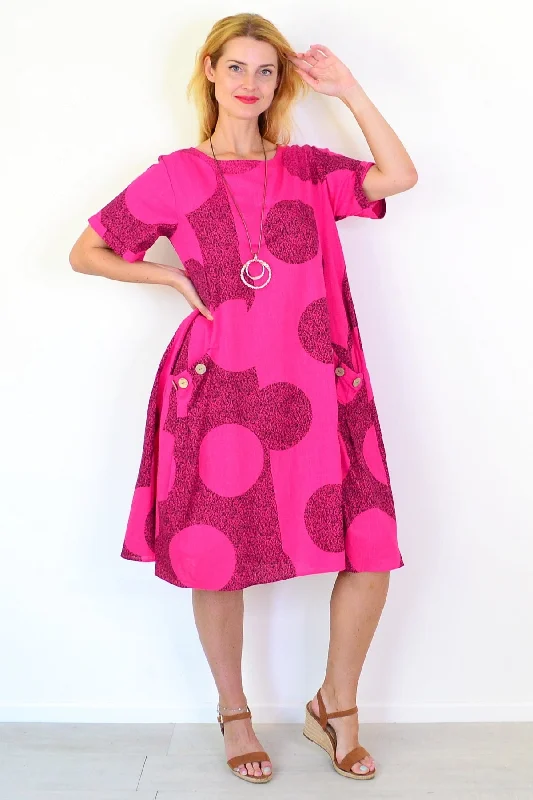 Hot Pink Black Circle Cotton Linen Tunic Dress