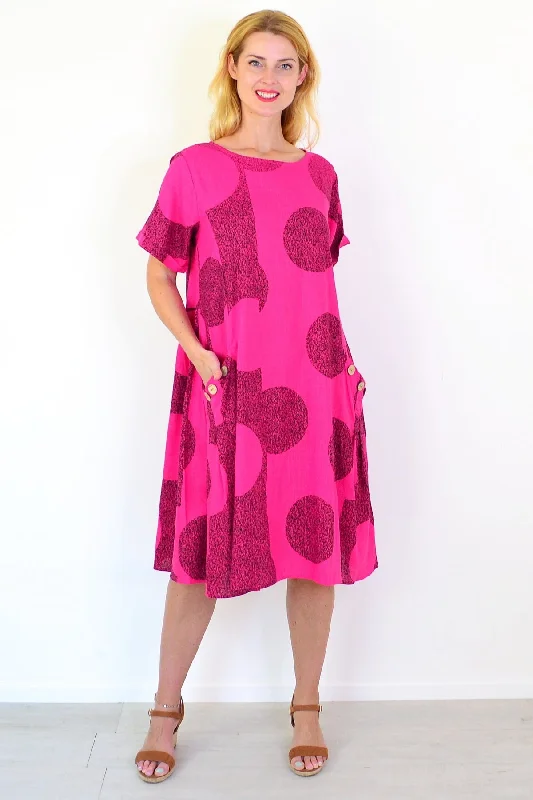 Hot Pink Black Circle Cotton Linen Tunic Dress