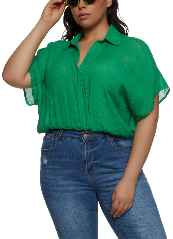 Plus Size Gauze Knit Elastic Waist Cropped Shirt