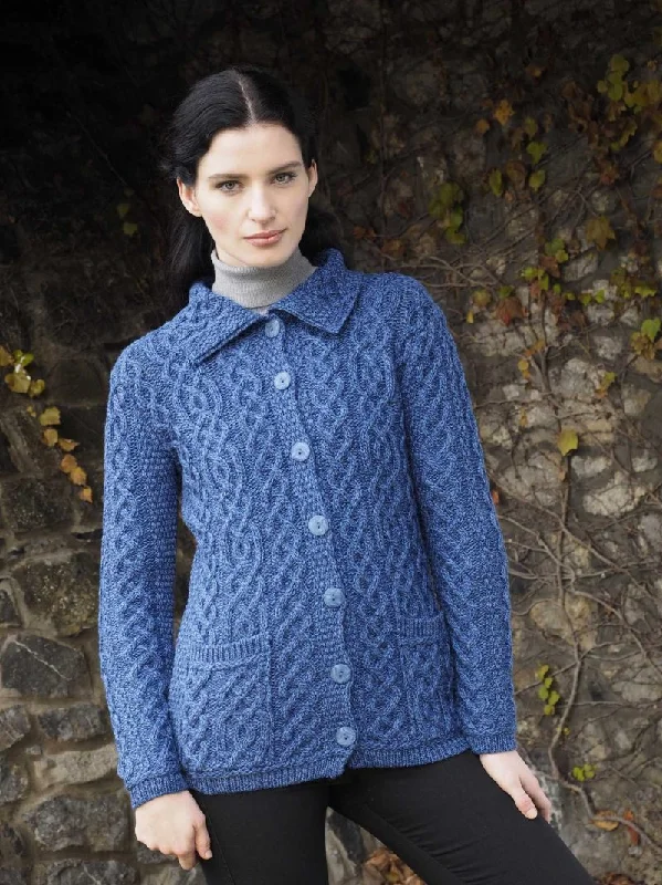 Aran Buttoned Collar Cardigan | Blue