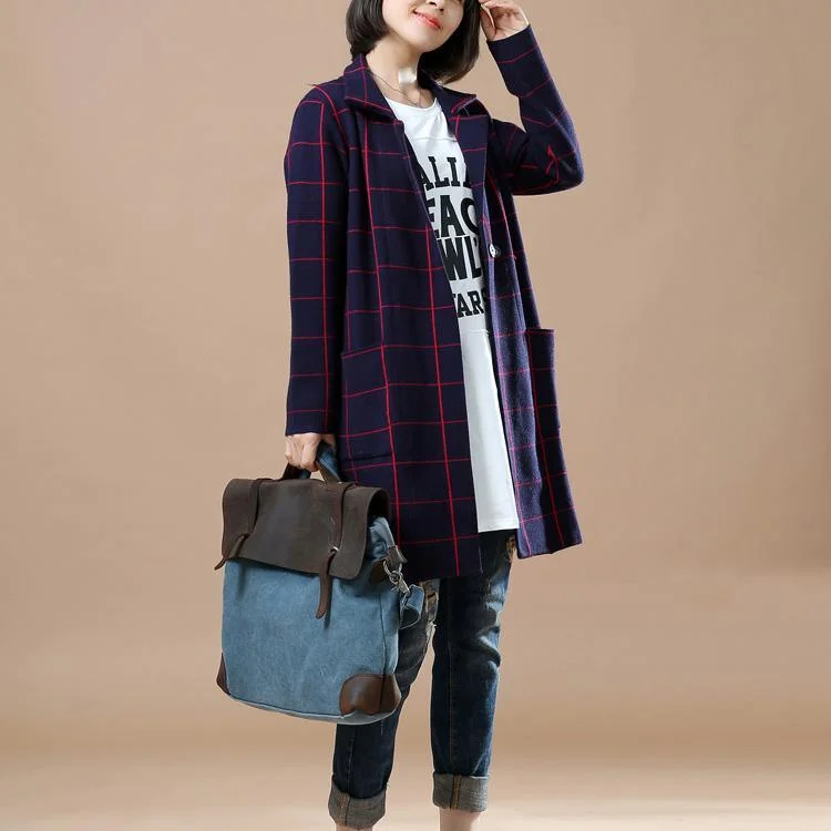 Navy plaid knit jackets women sweater coats