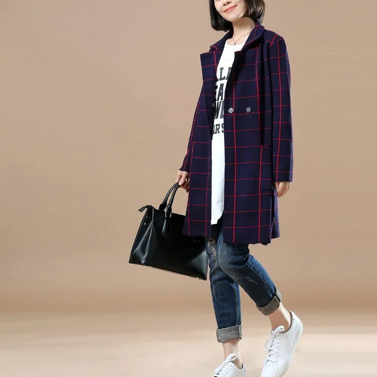 Navy plaid knit jackets women sweater coats