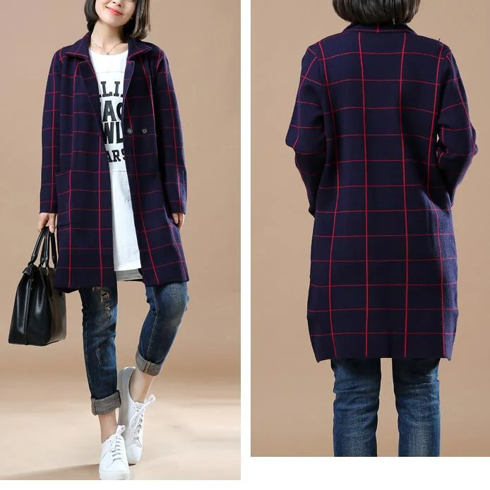 Navy plaid knit jackets women sweater coats