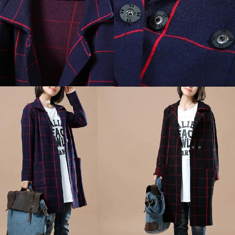 Navy plaid knit jackets women sweater coats