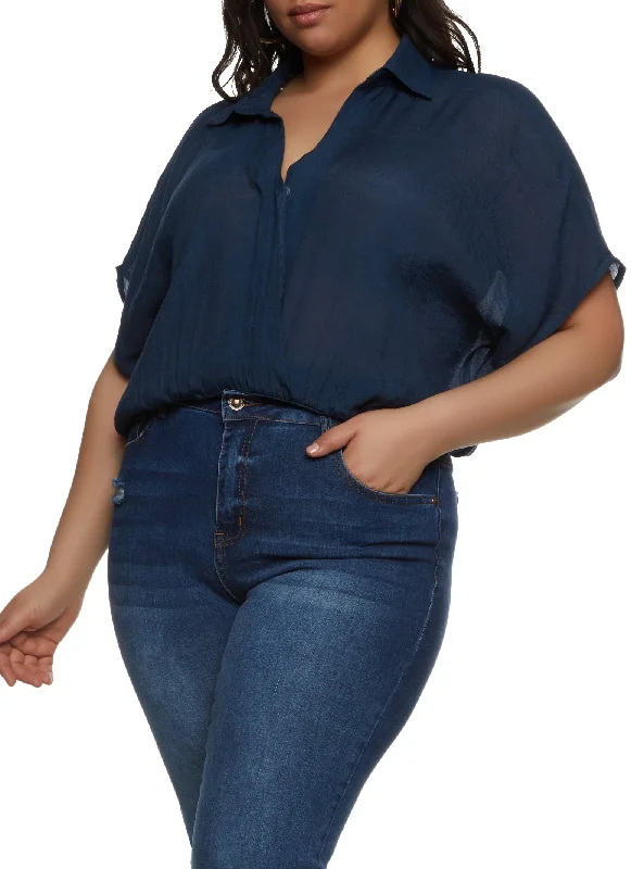 Plus Size Gauze Knit Elastic Waist Cropped Shirt