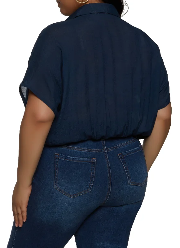 Plus Size Gauze Knit Elastic Waist Cropped Shirt