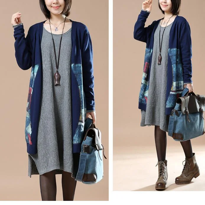 Navy print knit cardigans plus size jackets