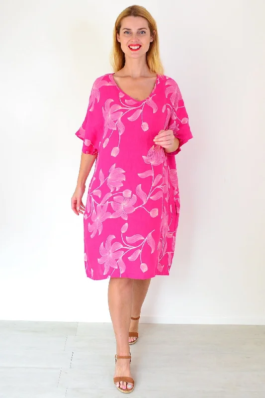 Pink Embroidery Print Linen Dress