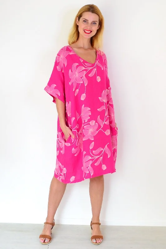 Pink Embroidery Print Linen Dress