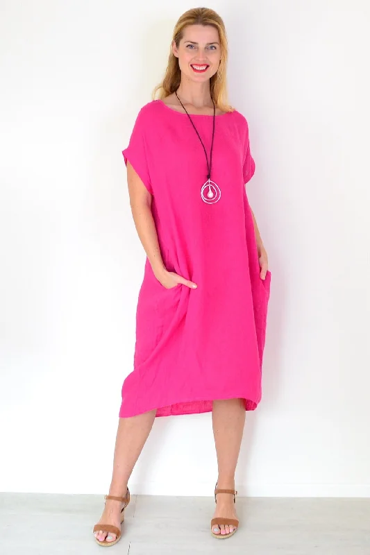 Pink Short Sleeve Side Pockets Linen Dress