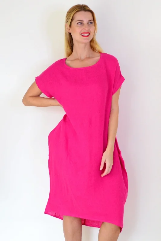 Pink Short Sleeve Side Pockets Linen Dress