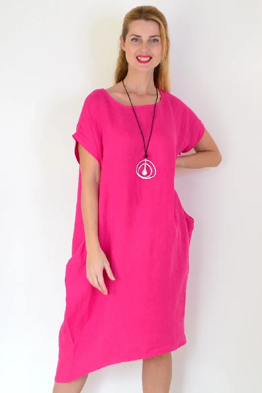 Pink Short Sleeve Side Pockets Linen Dress