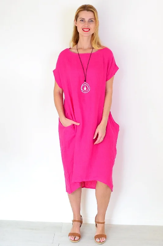 Pink Short Sleeve Side Pockets Linen Dress