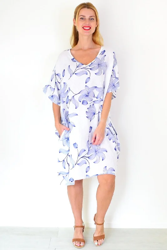 White Embroidery Print Linen Dress