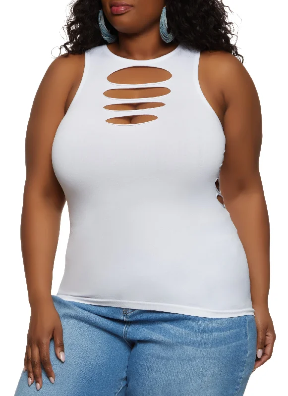 Plus Size Seamless Laser Cut High Neck Tank Top