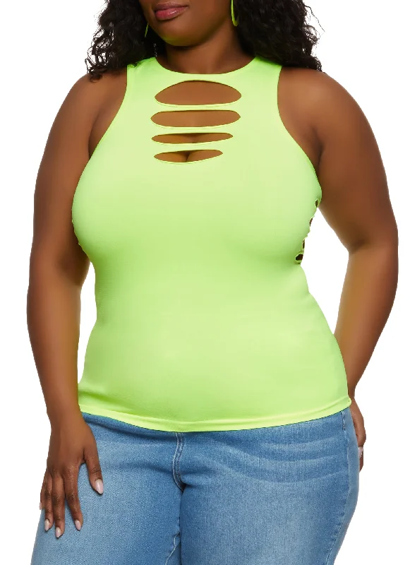 Plus Size Seamless Laser Cut High Neck Tank Top