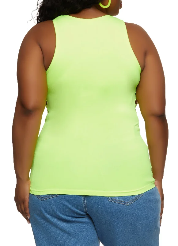 Plus Size Seamless Laser Cut High Neck Tank Top