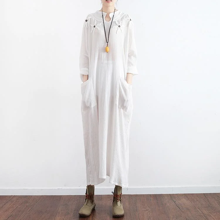 2017 new white vintage linen dresses mandarin mollar casual sundrss long sleeve maxi dress