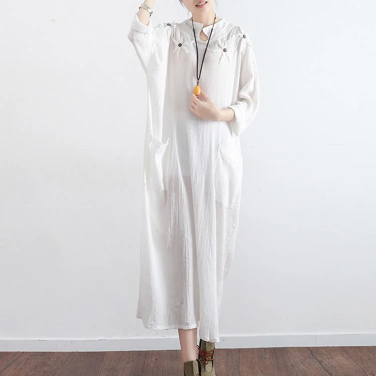 2017 new white vintage linen dresses mandarin mollar casual sundrss long sleeve maxi dress