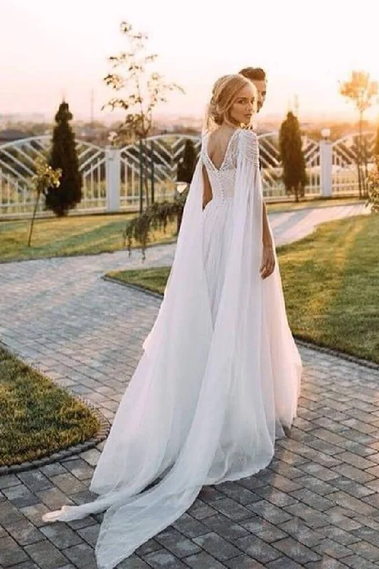 A Line Beaded Chiffon Cap Sleeves Boho Wedding Dresses, Beach Wedding Dresses with Pearls N2066