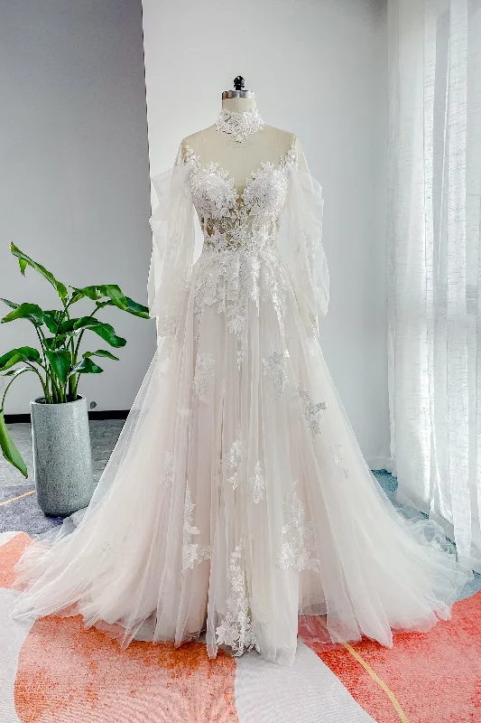 A-Line Court Train Lace Tulle Wedding Dress CW3156