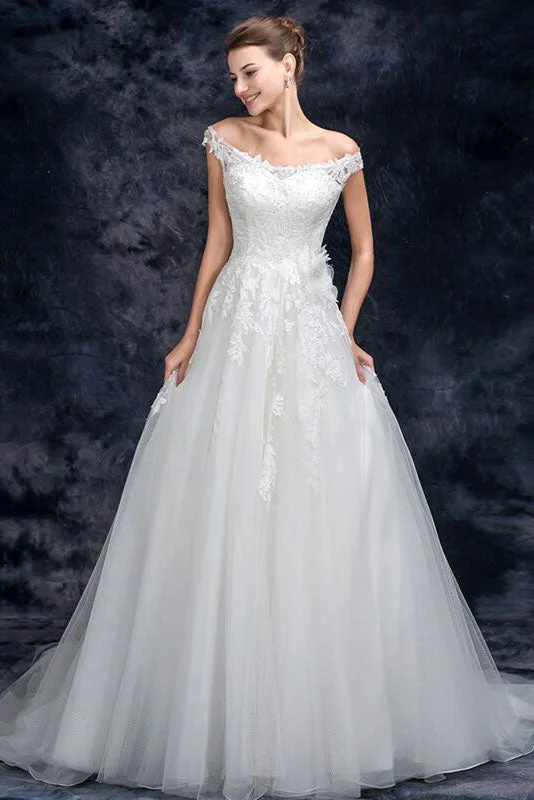 A Line Off the Shoulder Tulle Wedding Dresses with Lace Appliques Long Bridal Dresses N2293