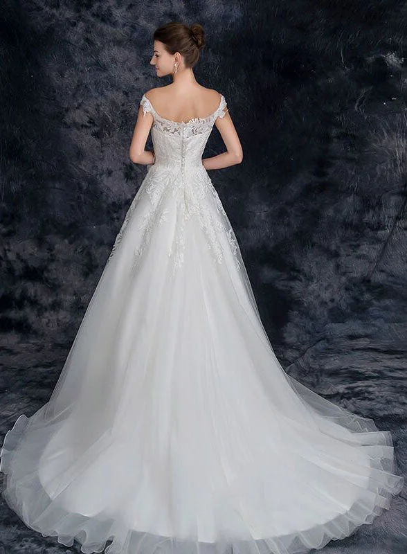 A Line Off the Shoulder Tulle Wedding Dresses with Lace Appliques Long Bridal Dresses N2293