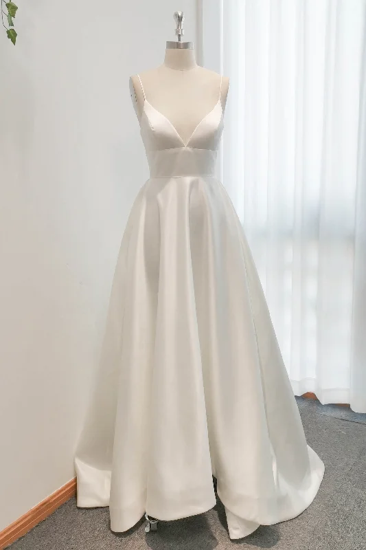 A-Line Sweep-Brush Train Satin Wedding Dress CW3112