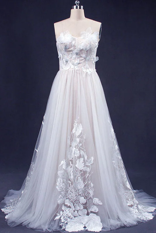 A Line Sweetheart Tulle Appliqued Wedding Dresses Strapless Tulle Bridal Dresses N2349