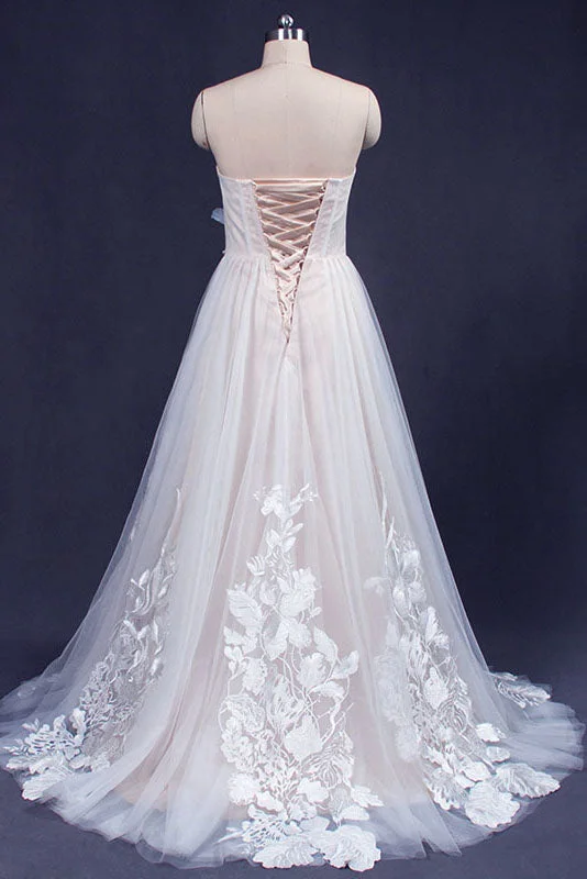 A Line Sweetheart Tulle Appliqued Wedding Dresses Strapless Tulle Bridal Dresses N2349