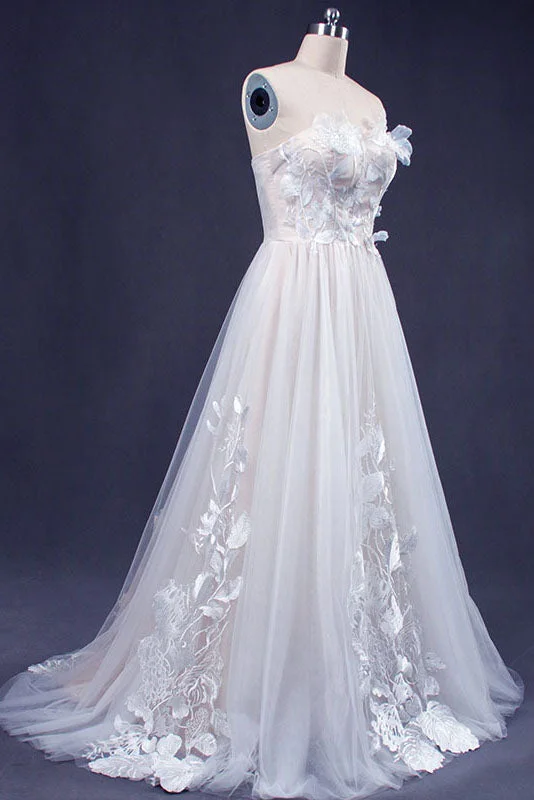 A Line Sweetheart Tulle Appliqued Wedding Dresses Strapless Tulle Bridal Dresses N2349