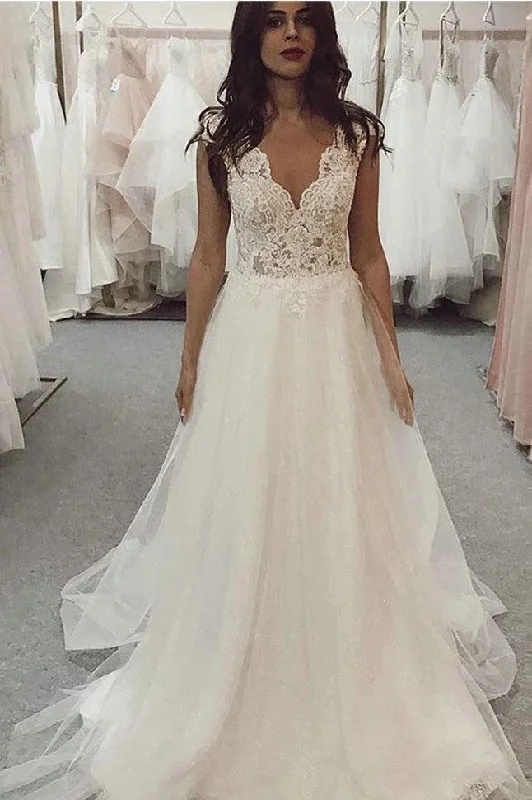 A Line V-Neck Tulle Beach Wedding Dresses with Lace N2361