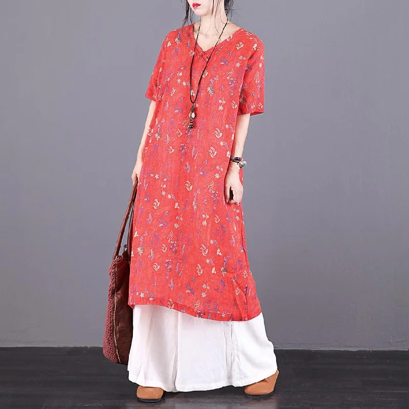 Art v neck pockets linen Long dress Fabrics orange print Dresses summer