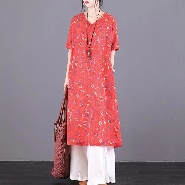 Art v neck pockets linen Long dress Fabrics orange print Dresses summer