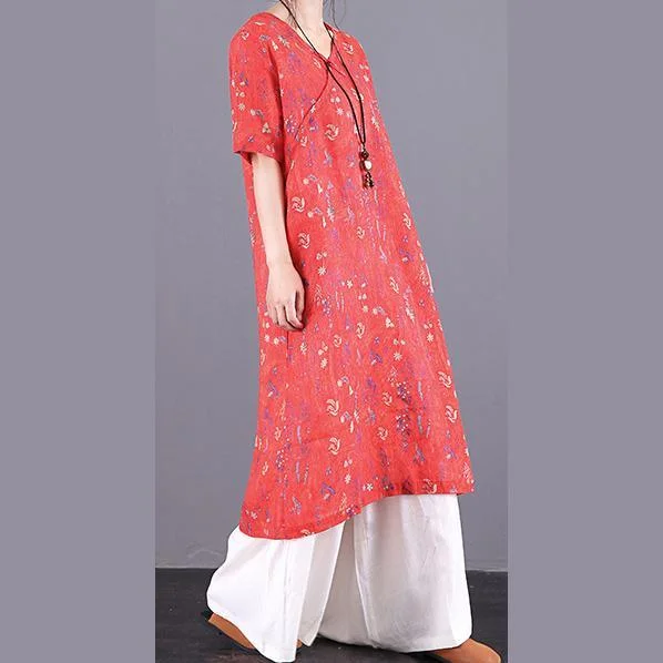 Art v neck pockets linen Long dress Fabrics orange print Dresses summer