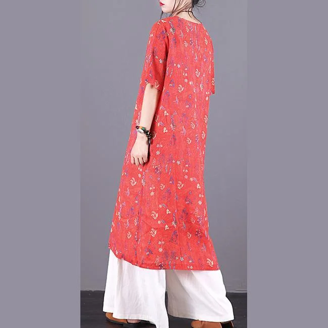 Art v neck pockets linen Long dress Fabrics orange print Dresses summer