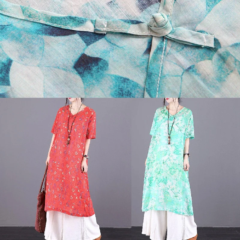 Art v neck pockets linen Long dress Fabrics orange print Dresses summer