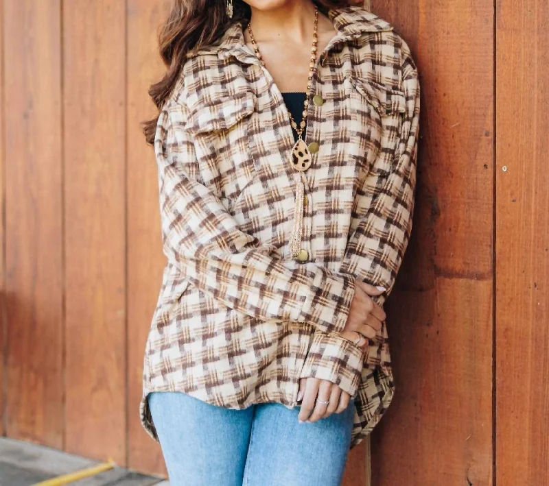 Autumn Sunsets Plaid Flannel Long Sleeve Button Top In Beige