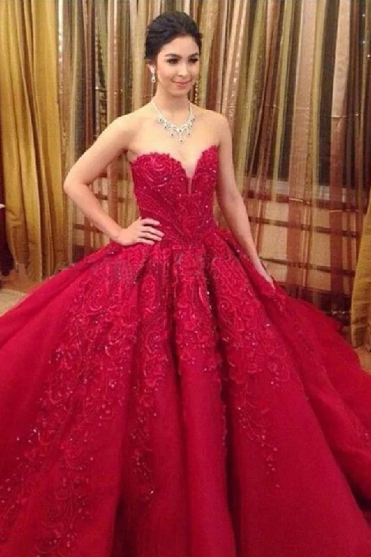 Sweetheart Sleeveless Lace Appiques Puffy Red Quinceanera Dresses N2079